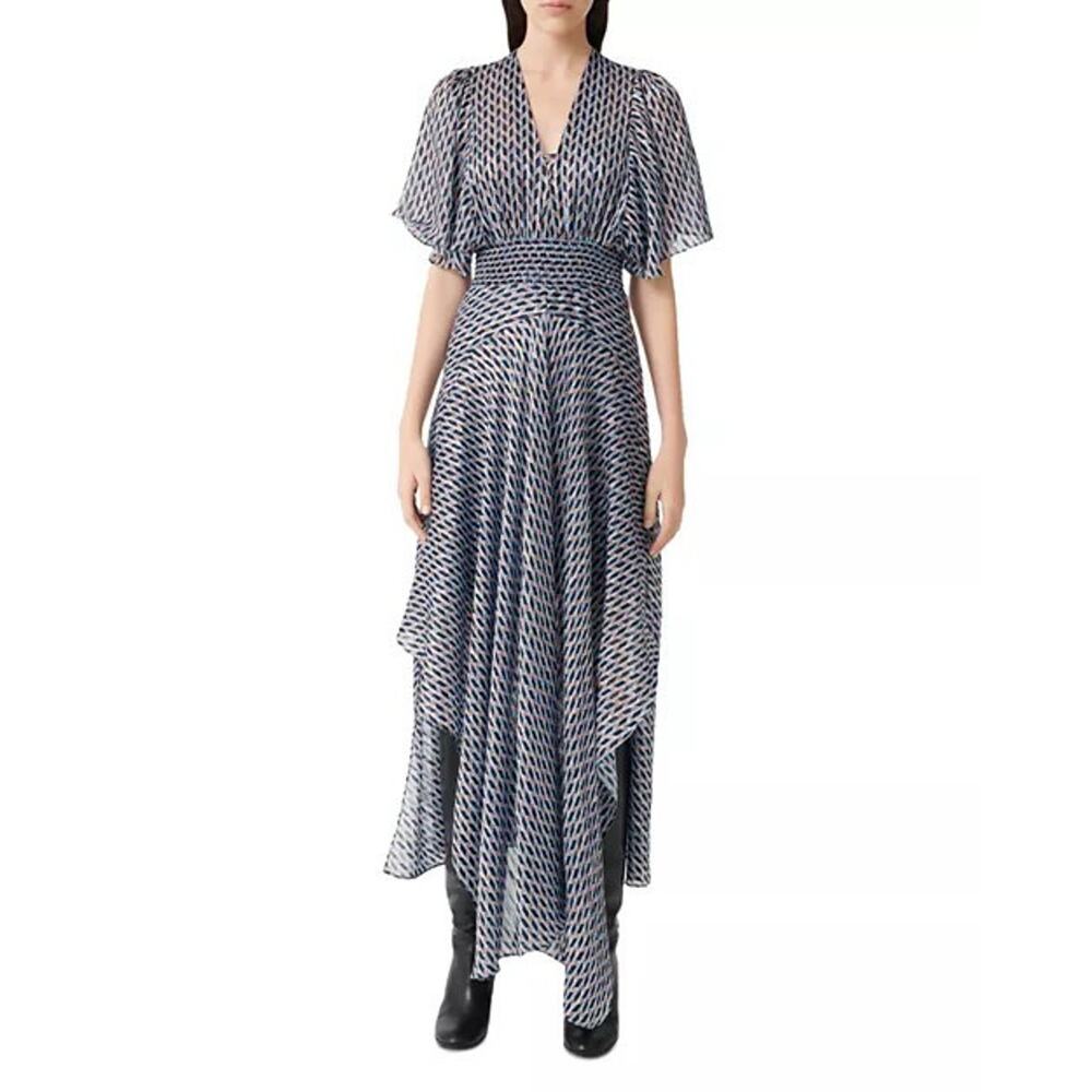 MAJE Richelane Metallic Jacquard Maxi Dress Blue Asymmetrical Size 40 Large